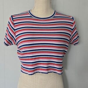 Striped Crop Tee in White, Red & Blue